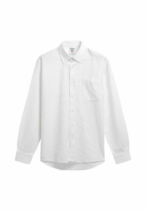 Camicia bianca a maniche lunghe con bottoni, colletto e tasca frontale, mostrata stesa su uno sfondo bianco.