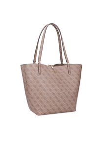 Sac fourre-tout en faux cuir marron avec doubles poignées, motif en diamants, fermeture zippée sur le dessus et quincaillerie dorée. Intérieur spacieux pour l'organisation.