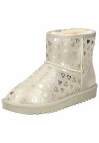 Beige Knöchelschuh mit Wildleder-Oberfläche, ausgestattet mit metallischen Herzmustern, einem flauschigen Innenfutter und einer strukturierten Gummisohle mit Profiltiefen.