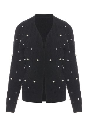 Cardigan nero a maglia cable con decorazioni simili a perle bianche e nere, dotato di scollo a V e design aperto.