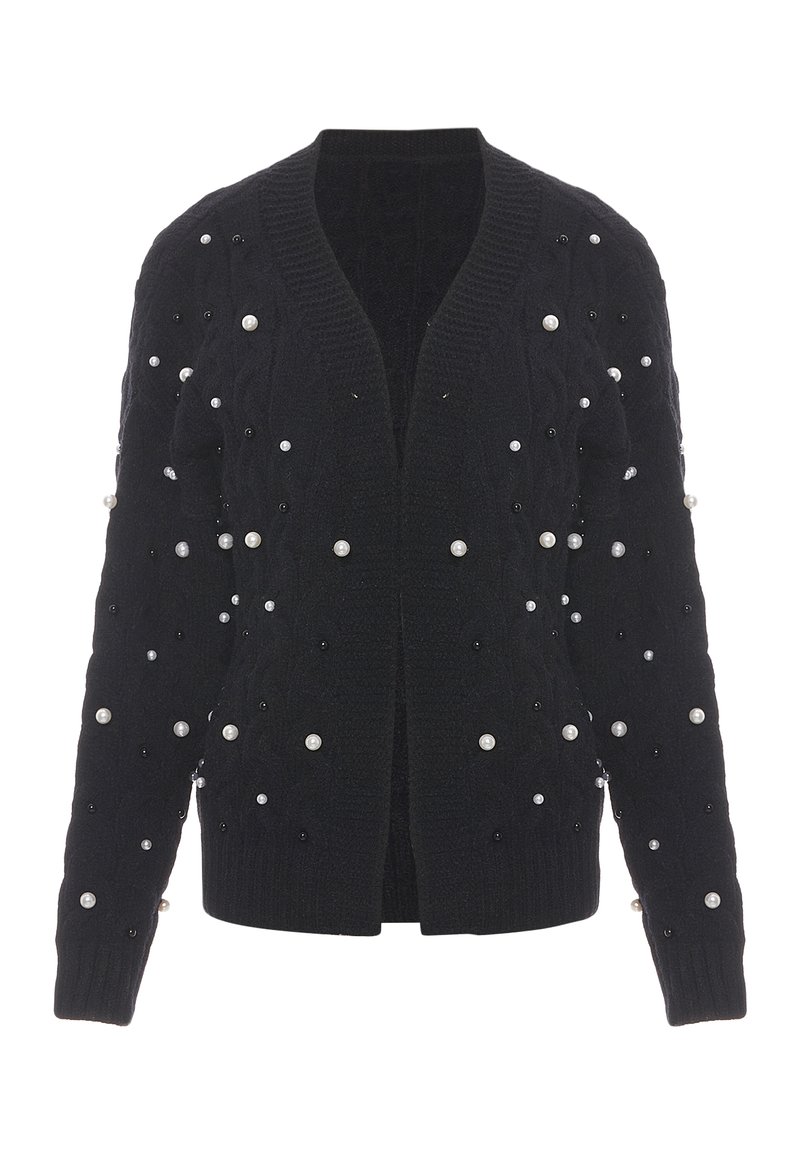 Cardigan nero a maglia cable con decorazioni simili a perle bianche e nere, dotato di scollo a V e design aperto.