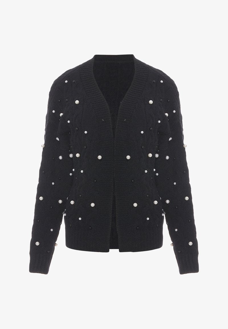 Sort kabelstrikket cardigan prydet med hvid- og sort perlelignende udsmykning, med V-hals og åben frontdesign.
