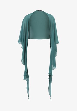Türkiser Chiffon-Bolero mit offenem Vorderteil, fließenden Ärmeln und geschichtetem Saum, der ein leichtes und luftiges Erscheinungsbild vermittelt.