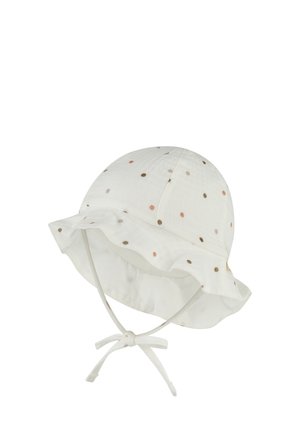 White baby sun hat with multicolored polka dots, ruffled brim, and chin straps tied in a bow.
