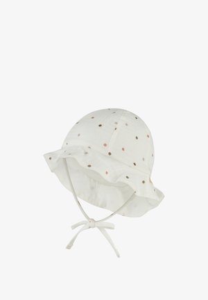 White baby sun hat with multicolored polka dots, ruffled brim, and chin straps tied in a bow.