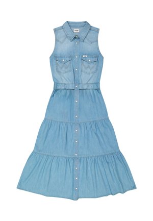 Sukienka midi z jasnoniebieskiego denimu bez rękawów, z kołnierzykiem, zapięciem na guziki z przodu, kieszeniami na piersi i wielowarstwową spódnicą.