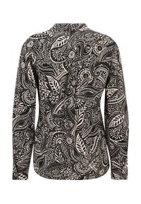 Langarmig zwart shirt met een gedetailleerd wit bloemen- en bladerenpatroon, met een ronde ronde hals en een gladde, lichte stoftextuur.