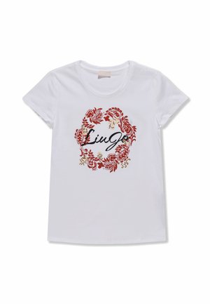 T-shirt bianco in cotone a maniche corte, con una stampa floreale rossa decorativa e la scritta "Liu Jo" in corsivo nero al centro.