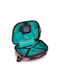 Colorful pink and teal bag with a hard-shell exterior, featuring a spacious interior, straps for organization, and a transparent ID window.