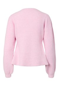 Ροζ ανοιχτό ριμπ πουλόβερ με μακριά μανίκια, στρογγυλή λαιμόκοψη και φαρδιά γραμμή στο κάτω μέρος. Μαλακή υφή με άνετη, καθημερινή εφαρμογή.