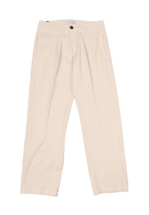Pantaloni in cotone beige con taglio dritto, dotati di due tasche anteriori, una chiusura con bottone singolo e una texture liscia di peso medio.