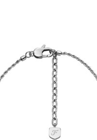 Bracciale in tonalità argento con design a catena attorcigliata, dotato di chiusura a moschettone e di un prolungamento della catena con un piccolo tag logo.