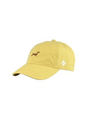 Yellow baseball cap with small brown dachshund embroidery on front and white geometric logo on side, displayed against white background.