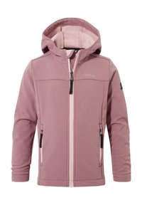 Pink softshell jacket with a hood, featuring a front zipper, two side zip pockets, and contrast zipper details. Fleece-lined interior.