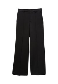 Pantalons larges noirs en tissu lisse. Comprend une fermeture éclair à l'avant, deux poches latérales et des plis décoratifs.