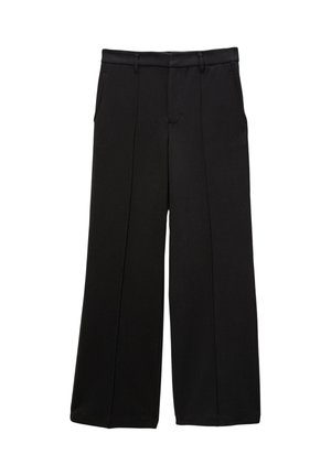 Pantalons larges noirs en tissu lisse. Comprend une fermeture éclair à l'avant, deux poches latérales et des plis décoratifs.