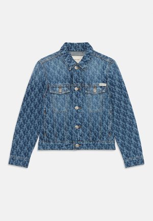 Denim jacket in faded blue with all-over logo pattern, two front pockets, silver buttons, and classic collar design.