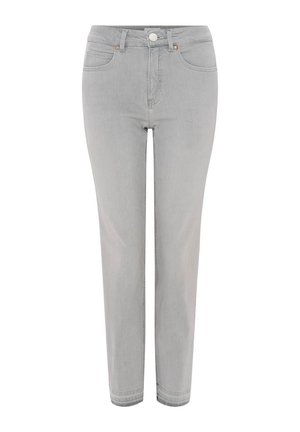 Jeans en denim gris clair avec une coupe droite, cinq poches, une fermeture éclair et un bouton. Texture lisse et un discret détail de couture.