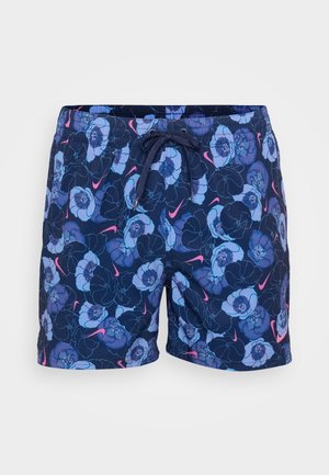 Navy swim shorts with floral pattern in shades of blue and purple, featuring a drawstring waist and pink accents.