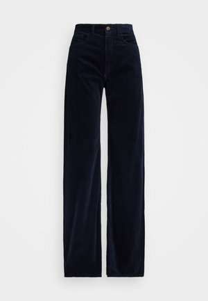 Navy corduroy wide-leg pants with a high waist, featuring front pockets and a button closure. Soft texture with vertical ribbing patterns.