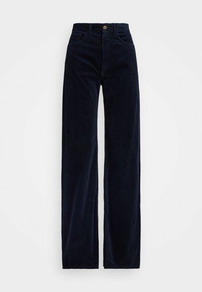 Navy corduroy wide-leg pants with a high waist, featuring front pockets and a button closure. Soft texture with vertical ribbing patterns.