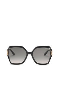 Lunettes de soleil hexagonales noires surdimensionnées avec verres gris dégradés et accents décoratifs dorés sur les branches.