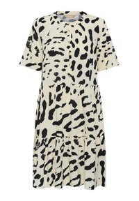 Rochie evazată, până la genunchi, de culoare crem cu un imprimeu leopard negru. Are mâneci scurte, un decolteu rotund și detalii cu nasturi pe față.
