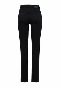 Schwarze Jeans aus Denim mit Slim-Fit, geraden Beinen, Gürtelschlaufen und zwei Gesäßtaschen. Der Stoff wirkt glatt mit einem leichten Glanz.