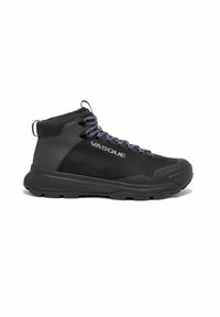 Bota de senderismo negra con cordones morados y grises, cuello acolchado, suela de goma y logo "VASQUE" en el lateral; diseño elegante de caña alta.