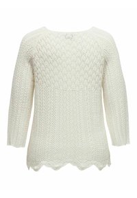 Weißer, gestrickter Pullover mit gewelltem Saum, Dreiviertelärmeln und einem strukturierten Muster. Aus leichtem Material gefertigt.