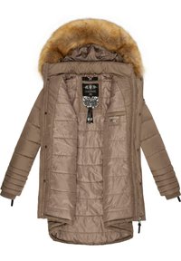 Pufferjack in beige, met een afneembare bruin nepbont capuchon, ritssluiting, gequilt textuur en details van binnenzakken.