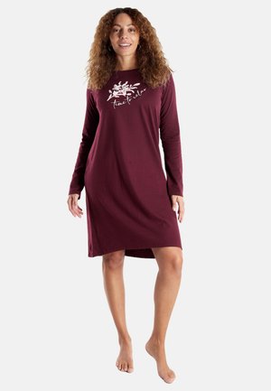 Burgundy long-sleeve nightdress with a relaxed fit, featuring a floral design and the text "time to relax" on the front. Soft fabric.