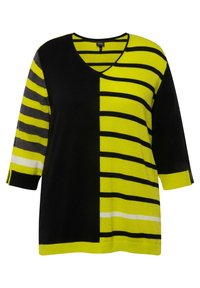 V-Ausschnitt-Pullover mit schwarzen und neon-gelben Streifen sowie grauen Akzenten und einem entspannten Schnitt. Das Material wirkt weich und hat gerippte Bündchen.
