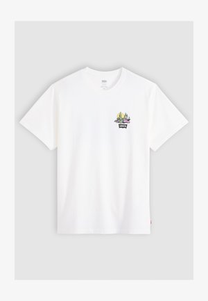 Biele bavlnené tričko s malou farebnou grafikou kaktusu a kvetu na hrudi. Klasický okrúhly výstrih a krátke rukávy.