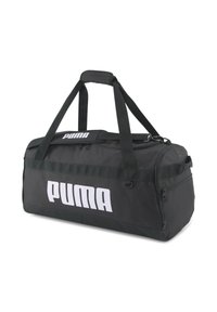Bolsa de deporte negra hecha de un tejido duradero, con un destacado logo blanco de Puma, doble asa para llevar y compartimentos con cremallera.