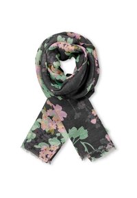 Black scarf featuring a floral design with green leaves and pink flowers, made from a lightweight fabric with frayed edges.