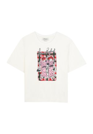 White cotton t-shirt featuring a graphic print of two figures on a red and green plaid background. Short sleeves and round neckline.
