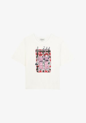Witte katoenen t-shirt met een grafische print van twee figuren op een rood en groen geruit achtergrond. Korte mouwen en een ronde halslijn.