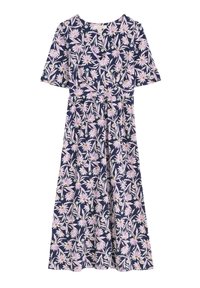 Floral maxi dress in navy blue fabric featuring pink and white daisies, short sleeves, and a defined waist with a flowing skirt.