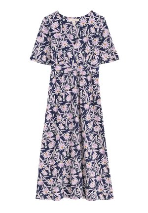Blumiges Maxikleid aus Marineblauem Stoff mit rosa und weißen Gänseblümchen, kurzen Ärmeln und einer betonten Taille sowie einem fließenden Rock.