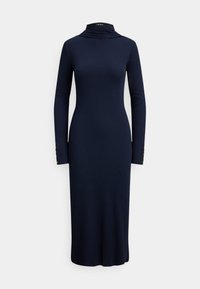 SCARF-TRIM COTTON-BLEND RIB-KNIT DRESS - Jumper dress - navy