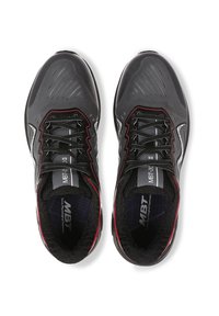 Black athletic shoes with a textured upper, red accents, and reflective details. Features a cushioned sole and pronounced lacing system.
