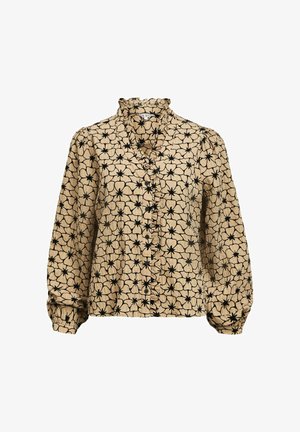 Camicia a maniche lunghe in tessuto beige con motivi floreali neri, con colletto volants e chiusura con bottoni, dotata di maniche arricciate.