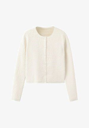 Cardigan a maniche lunghe di colore crema con struttura testurizzata, scollo rotondo e apertura frontale con bottoni, disteso su uno sfondo bianco.