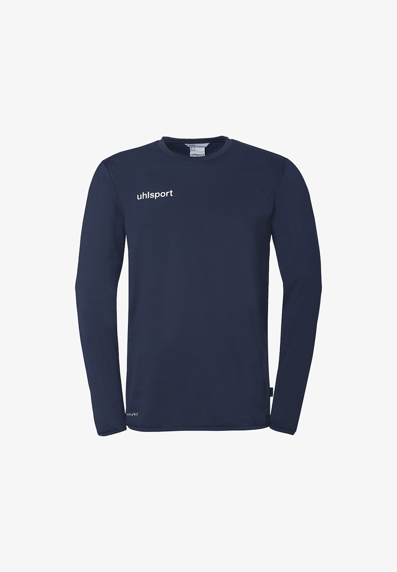 Maillot de sport à manches longues bleu marine avec le logo "uhlsport" sur la poitrine et un col rond, présenté sur un fond blanc.