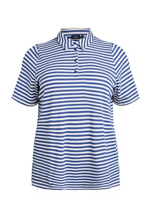Polo rayé avec des rayures horizontales bleues et blanches, à manches courtes, col, et trois boutons au cou. Tissu doux et texturé.