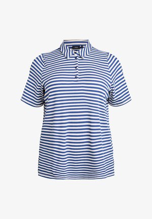 Gestreept polo shirt met blauwe en witte horizontale strepen, korte mouwen, een kraag en drie knopen bij de hals. Zachte, gestructureerde stof.
