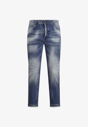 Blaue Jeans aus Denim mit ausgewaschenem Look, abgenutzten Details und geradem Bein. Verfügt über einen Reißverschluss und umgeschlagene Säume.