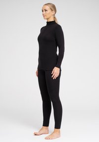 Sort termisk top med høj hals og langtærmer, parret med matchende tætsiddende leggings. Stoffet ser glat og strækbart ud.