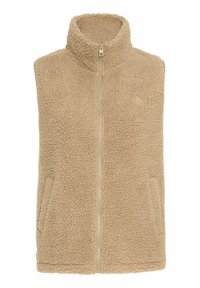 Gilet en polaire beige avec col haut, fermeture éclair et deux poches latérales. Matériau doux et texturé avec une apparence confortable.